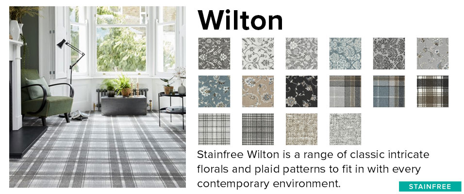 A moodboard of the Stainfree Wilton range in the different colours and patterns, reading: 'Staifree Wilton is a range of classic intricate florals and plaid patterns to fir in with every contemporary environment'